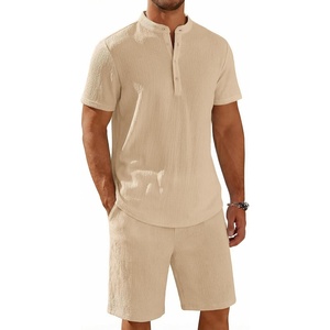 image:imageCOOFANDY Mens Summer Beach Outfits 2 Piece Casual Textured Henley Shirt and Shorts SetKhaki