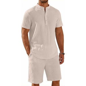 image:imageCOOFANDY Mens Summer Beach Outfits 2 Piece Casual Textured Henley Shirt and Shorts SetMoon Grey