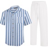 image:imageCOOFANDY Men 2 Piece Linen Outfit Beach Button Down Shirt Casual Loose Pant SetsBlue Stripes ShirtWhite Pants