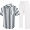 image:imageCOOFANDY Men 2 Piece Linen Outfit Beach Button Down Shirt Casual Loose Pant SetsGrey Green Stripes ShirtWhite Pants