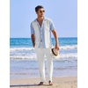 image:imageCOOFANDY Men 2 Piece Linen Outfit Beach Button Down Shirt Casual Loose Pant SetsLight Blue Patchwork White ShirtWhite Pants