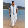 image:imageCOOFANDY Men 2 Piece Linen Outfit Beach Button Down Shirt Casual Loose Pant SetsLight Blue Patchwork White ShirtWhite Pants