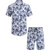 image:imageCOOFANDY Mens Hawaiian Matching Set Summer Beach 2 Piece Outfits Flower Button Down Shirts and Shorts Vacation OutfitsWhite  Blue Leaf