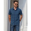 image:imageCOOFANDY Mens Plaid Button Down Shirts Short Sleeve Casual Summer Shirt Wrinkle Free Dress Shirts with PocketNavy and Green Plaid