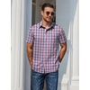 image:imageCOOFANDY Mens Plaid Button Down Shirts Short Sleeve Casual Summer Shirt Wrinkle Free Dress Shirts with PocketRed Navy Check