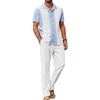 image:imageCOOFANDY Men 2 Piece Linen Outfit Beach Button Down Shirt Casual Loose Pant SetsLight Blue Patchwork White ShirtWhite Pants