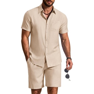 image:imageCOOFANDY 2 Piece Set for Men Cruise Outfits Set Mens Summer Vacation Outfit Short Sleeve Button Down ShirtsBeige