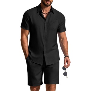 image:imageCOOFANDY 2 Piece Set for Men Cruise Outfits Set Mens Summer Vacation Outfit Short Sleeve Button Down ShirtsBlack