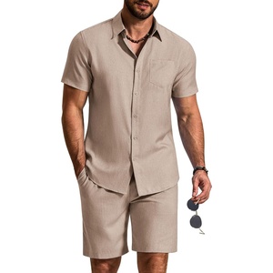 image:imageCOOFANDY 2 Piece Set for Men Cruise Outfits Set Mens Summer Vacation Outfit Short Sleeve Button Down ShirtsKhaki