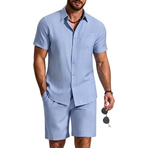 image:imageCOOFANDY 2 Piece Set for Men Cruise Outfits Set Mens Summer Vacation Outfit Short Sleeve Button Down ShirtsLight Blue