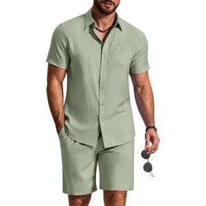image:imageCOOFANDY 2 Piece Set for Men Cruise Outfits Set Mens Summer Vacation Outfit Short Sleeve Button Down ShirtsLight Green