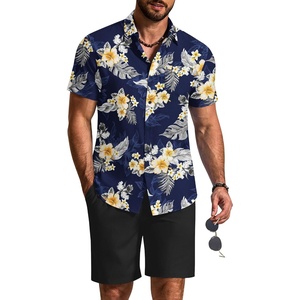 image:imageCOOFANDY 2 Piece Set for Men Cruise Outfits Set Mens Summer Vacation Outfit Short Sleeve Button Down ShirtsNavyapricot Bloom