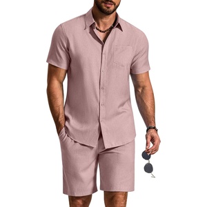 image:imageCOOFANDY 2 Piece Set for Men Cruise Outfits Set Mens Summer Vacation Outfit Short Sleeve Button Down ShirtsPink