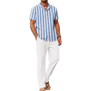 image:imageCOOFANDY Men 2 Piece Linen Outfit Beach Button Down Shirt Casual Loose Pant SetsBlue Stripes ShirtWhite Pants