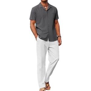 image:imageCOOFANDY Men 2 Piece Linen Outfit Beach Button Down Shirt Casual Loose Pant SetsDark Gray ShirtWhite Pants