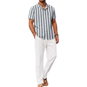image:imageCOOFANDY Men 2 Piece Linen Outfit Beach Button Down Shirt Casual Loose Pant SetsGrey Green Stripes ShirtWhite Pants