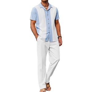 image:imageCOOFANDY Men 2 Piece Linen Outfit Beach Button Down Shirt Casual Loose Pant SetsLight Blue Patchwork White ShirtWhite Pants