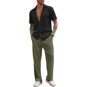image:imageCOOFANDY Mens 2 Piece Outfit Casual Short Sleeve Button Down Shirt Beach Summer Loose Pant SetsBlack Army Green