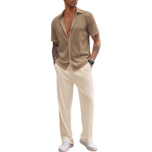 image:imageCOOFANDY Mens 2 Piece Outfit Casual Short Sleeve Button Down Shirt Beach Summer Loose Pant SetsBrown Khaki