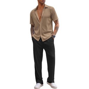 image:imageCOOFANDY Mens 2 Piece Outfit Casual Short Sleeve Button Down Shirt Beach Summer Loose Pant SetsKhaki Black
