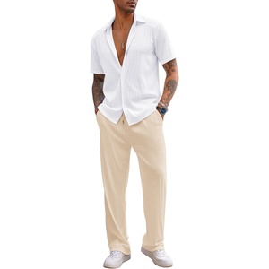 image:imageCOOFANDY Mens 2 Piece Outfit Casual Short Sleeve Button Down Shirt Beach Summer Loose Pant SetsWhite Khaki