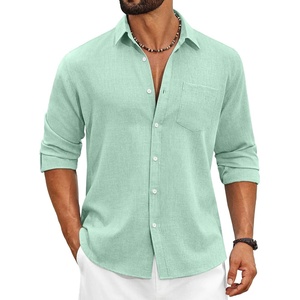 image:imageCOOFANDY Mens Cotton Linen Button Down Shirts Long Sleeve Casual Summer Beach Shirts for MenBright Green
