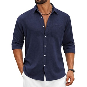 image:imageCOOFANDY Mens Cotton Linen Button Down Shirts Long Sleeve Casual Summer Beach Shirts for MenNavy Blue