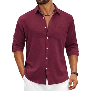 image:imageCOOFANDY Mens Cotton Linen Button Down Shirts Long Sleeve Casual Summer Beach Shirts for MenWine Red