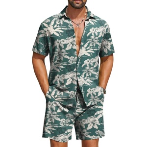 image:imageCOOFANDY Mens Hawaiian Matching Set Summer Beach 2 Piece Outfits Flower Button Down Shirts and Shorts Vacation OutfitsDark Green  Coconut Tree