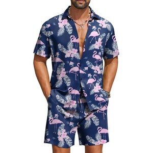 image:imageCOOFANDY Mens Hawaiian Matching Set Summer Beach 2 Piece Outfits Flower Button Down Shirts and Shorts Vacation OutfitsNavy Blue  Flamingos
