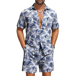 image:imageCOOFANDY Mens Hawaiian Matching Set Summer Beach 2 Piece Outfits Flower Button Down Shirts and Shorts Vacation OutfitsWhite  Blue Leaf