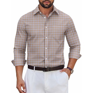 image:imageCOOFANDY Mens Long Sleeve Plaid Button Down Cotton Wrinkle Free Dress ShirtKhaki Plaid