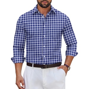 image:imageCOOFANDY Mens Long Sleeve Plaid Button Down Cotton Wrinkle Free Dress ShirtNavy Blue White Plaid