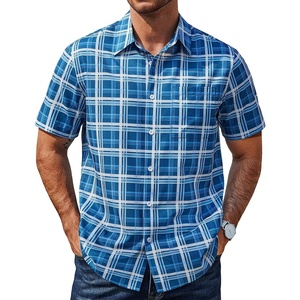 image:imageCOOFANDY Mens Plaid Button Down Shirts Short Sleeve Casual Summer Shirt Wrinkle Free Dress Shirts with Pocket01deep Blue White Plaid