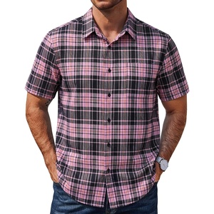 image:imageCOOFANDY Mens Plaid Button Down Shirts Short Sleeve Casual Summer Shirt Wrinkle Free Dress Shirts with PocketBlack Pink Plaid