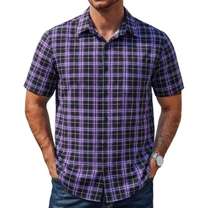 image:imageCOOFANDY Mens Plaid Button Down Shirts Short Sleeve Casual Summer Shirt Wrinkle Free Dress Shirts with PocketBlack Purple Pliad