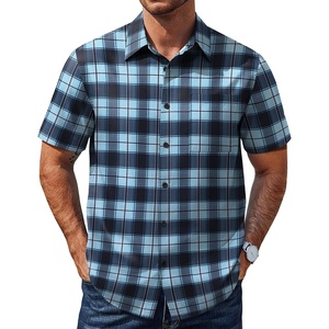 image:imageCOOFANDY Mens Plaid Button Down Shirts Short Sleeve Casual Summer Shirt Wrinkle Free Dress Shirts with PocketBlue Black Check