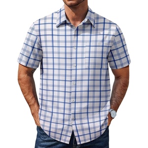 image:imageCOOFANDY Mens Plaid Button Down Shirts Short Sleeve Casual Summer Shirt Wrinkle Free Dress Shirts with PocketDark Blue White Plaid