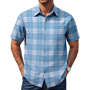 image:imageCOOFANDY Mens Plaid Button Down Shirts Short Sleeve Casual Summer Shirt Wrinkle Free Dress Shirts with PocketLight Blue White Plaid