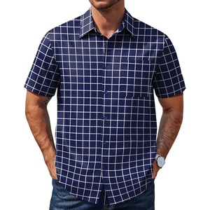 image:imageCOOFANDY Mens Plaid Button Down Shirts Short Sleeve Casual Summer Shirt Wrinkle Free Dress Shirts with PocketNavy Blue Plaid