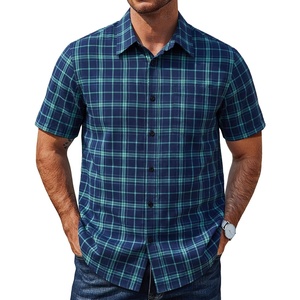 image:imageCOOFANDY Mens Plaid Button Down Shirts Short Sleeve Casual Summer Shirt Wrinkle Free Dress Shirts with PocketNavy and Green Plaid