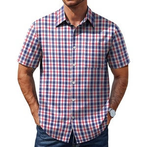 image:imageCOOFANDY Mens Plaid Button Down Shirts Short Sleeve Casual Summer Shirt Wrinkle Free Dress Shirts with PocketRed Navy Check