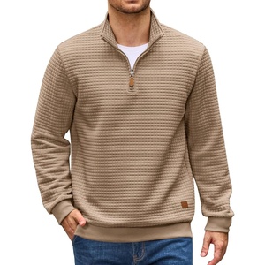 image:imageCOOFANDY Mens Quarter Zip Pullover Sweatshirts 14 Zip Long Sleeve Sweater  Mock Neck Sweater Polo Casual Business Winter Fall Leather label and Zipper Pull quilted fabric with a grid patternDark Khaki