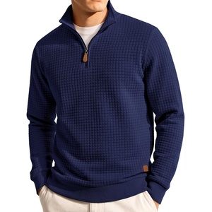 image:imageCOOFANDY Mens Quarter Zip Pullover Sweatshirts 14 Zip Long Sleeve Sweater  Mock Neck Sweater Polo Casual Business Winter Fall Leather label and Zipper Pull quilted fabric with a grid patternNavy Blue