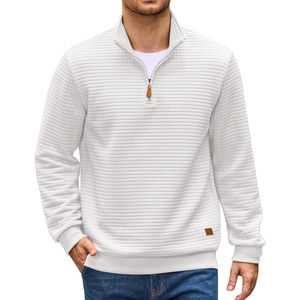 image:imageCOOFANDY Mens Quarter Zip Pullover Sweatshirts 14 Zip Long Sleeve Sweater  Mock Neck Sweater Polo Casual Business Winter Fall Leather label and Zipper Pull quilted fabric with a grid patternWhite