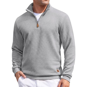 image:imageCOOFANDY Mens Quarter Zip Pullover Sweatshirts 14 Zip Long Sleeve Sweater  Mock Neck Sweater Polo Casual Business Winter Fall Leather label and Zipper Pull quilted fabric with a grid patternLight Grey