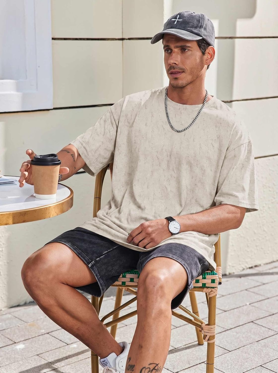 image:imageCOOFANDY Mens Oversized T Shirt Loose Fit Vintage Washed Tee Casual Streetwear Unisex Short Sleeve Heavy Cotton TopBeige