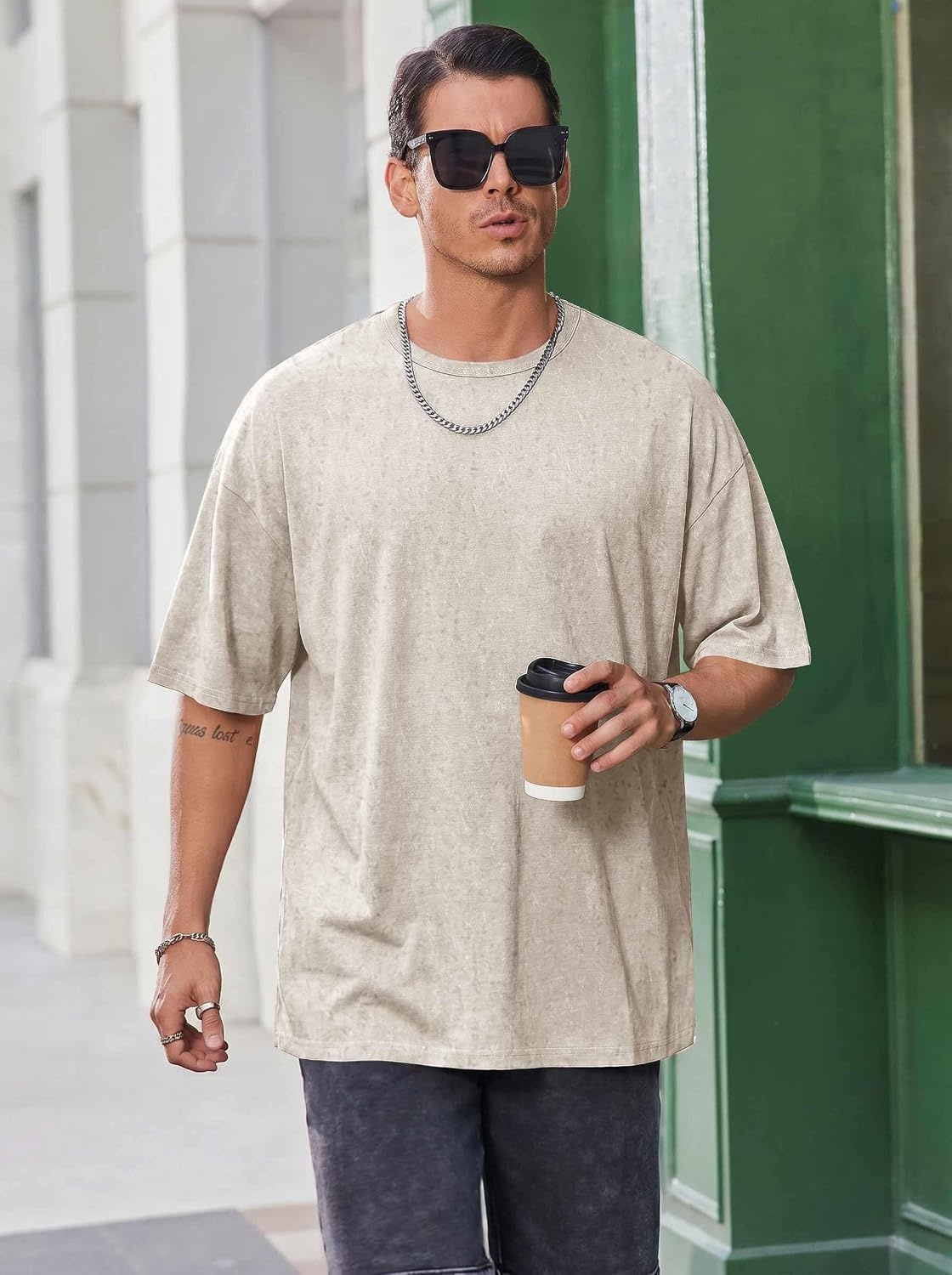 image:imageCOOFANDY Mens Oversized T Shirt Loose Fit Vintage Washed Tee Casual Streetwear Unisex Short Sleeve Heavy Cotton TopBeige