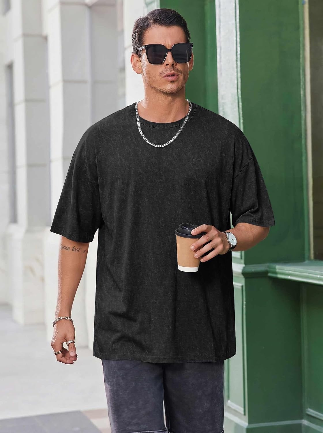 image:imageCOOFANDY Mens Oversized T Shirt Loose Fit Vintage Washed Tee Casual Streetwear Unisex Short Sleeve Heavy Cotton TopBlack