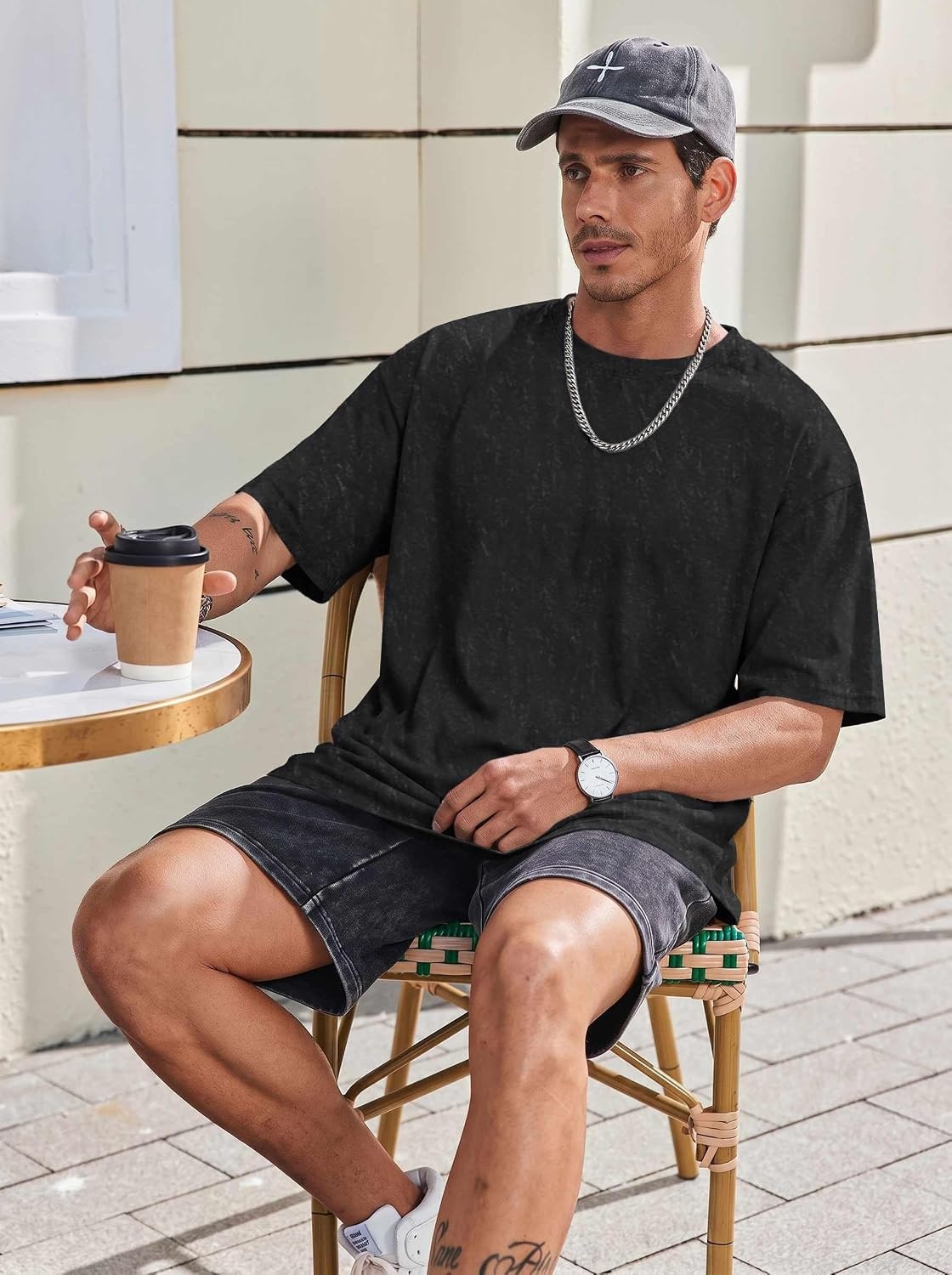 image:imageCOOFANDY Mens Oversized T Shirt Loose Fit Vintage Washed Tee Casual Streetwear Unisex Short Sleeve Heavy Cotton TopBlack